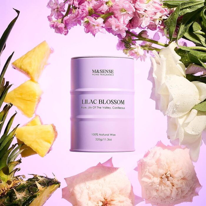 Ароматичні свічки M&SENSE з натурального соєвого воску, натуральна соєва свічка для домашнього декору, тривалий час горіння до 70 годин, класні подарунки-свічки для чоловіків та жінок (320 г, цвіт бузку)
