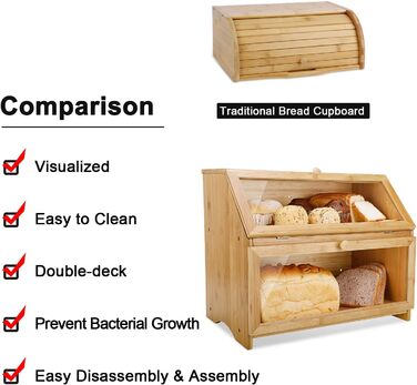 Бамбуковий хлібник Leader Accessories, 2-рівневий контейнер для хліба, безпечний для зберігання хліба, легкий догляд, 39x25x32 см, чорний (39x25x32 см/15,3&39x9,8&39x12,6&39) (Бамбук (39x25x32 см/15,3&39x9,8&39x12,6&39))