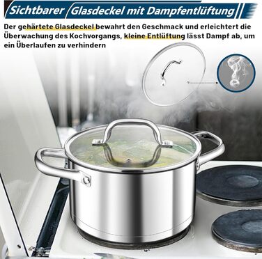 Велика каструля TEAMFAR, каструля з нержавіючої сталі, індукційна каструля, скляна кришка, 3-шарове дно для всіх типів плит, каструля для пасти 26 см, каструля для м&39яса, без покриття та нетоксична, можна мити в посудомийній машині (4,7 літра)