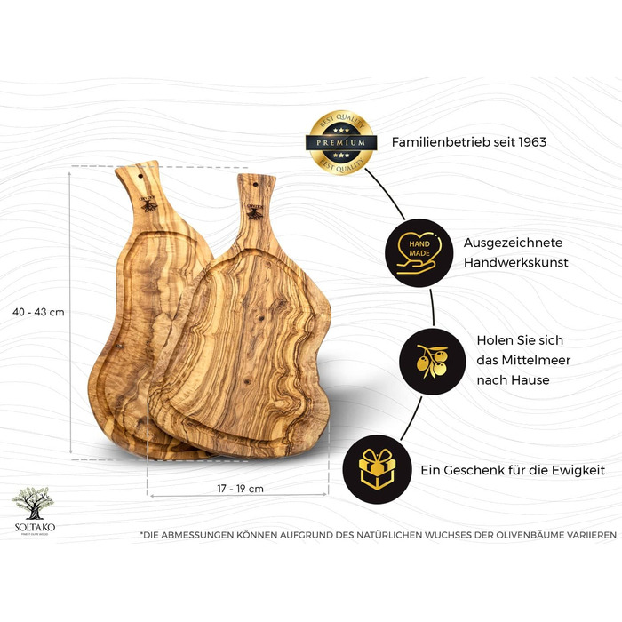 Дошка для стейків з оливкового дерева, дошка з оливкового дерева Обробна дошка, дерев'яна дошка, дошка для сервірування, дошка для сніданку, сирна дошка сільська довжиною приблизно від 40 до 43 см, товщиною приблизно 2 см (40-43 см, набір з 2 рустикальних