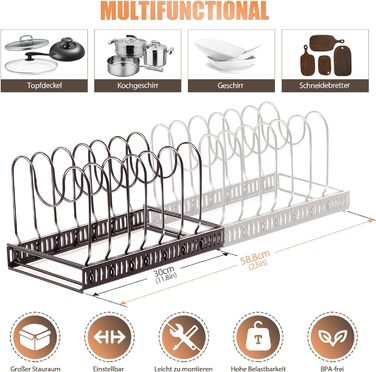 Підставка для посуду розсувна 58,8 x 18 см, на 7 відділень, темно-коричнева MASTERTOP
