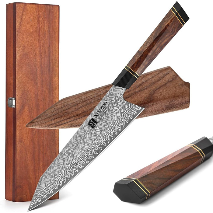 Кухарський ніж з дамаської сталі 21,5 см з магнітним чохлом та дерев'яним футляром XINZUO