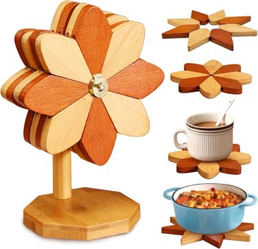 Набір з 4 дерев'яних підставок під гаряче з тримачем у формі вітряка, 5 предметів Qnynnty