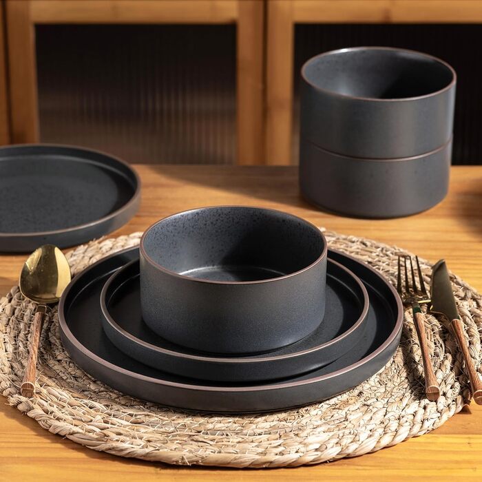 Набір посуду LeRatio для 6 осіб, 18-предметний набір керамічного посуду, керамічна миска та тарілка, стійка до подряпин (антрацитовий сіро-коричневий обідок з цятками, набір з 18 предметів) 18-предметний набір антрацитовий сіро-коричневий обідок з цятками