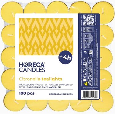 Свічки Horeca - Чайні свічки з цитронелою - Набір із 100 свічок, жовті - Ароматичні свічки з часом горіння 4 години - Для використання на вулиці, балконі, пікніку, кемпінгу (100)
