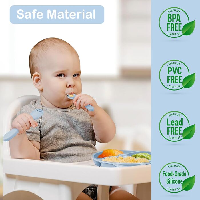 Силіконовий набір дитячого столового посуду Bizcasa з 9 предметів, нековзкий набір дитячого столового посуду, дитячий столовий посуд із присоскою, нековзна дитяча миска, дитяча тарілка, дитячий набір столових приборів для малюків, без бісфенолу А (синій)