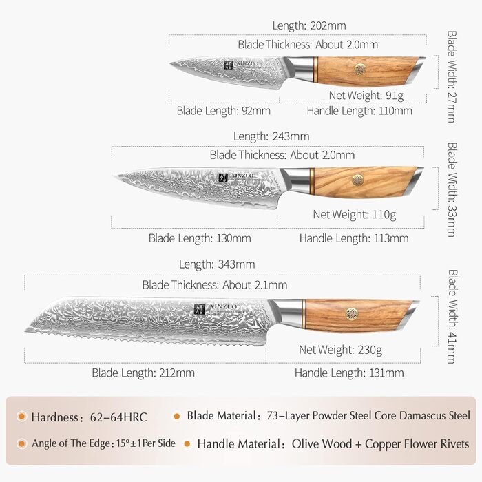 Набір кухонних ножів з дамаської сталі, 5 предметів XINZUO