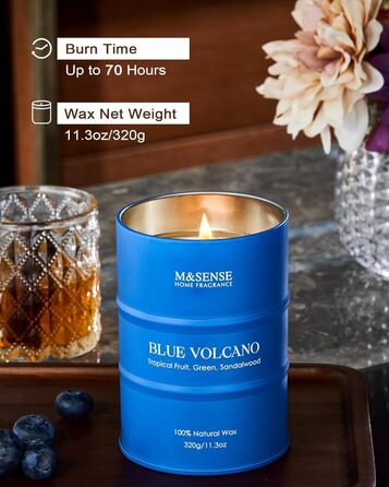 Ароматичні свічки M&SENSE з натурального соєвого воску, натуральна соєва свічка для домашнього декору, тривалий час горіння до 70 годин, класні подарунки-свічки для чоловіків і жінок (320 г, блакитний вулкан)