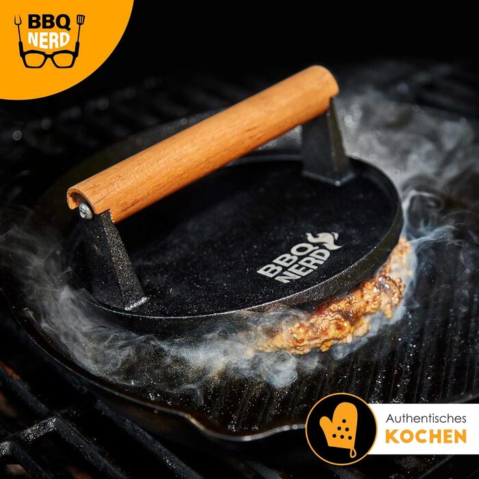 Чавунний прес для м'яса 18 см з дерев'яною ручкою, круглий BBQ Nerd