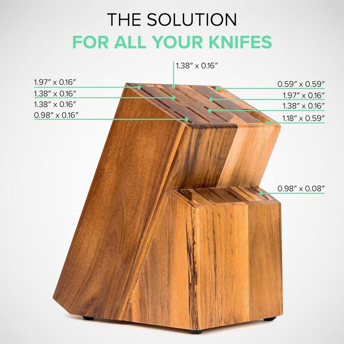 Ножевой блок Дерево Каучуковое дерево Держатель для ножей на 15 слотов Поварской нож Ножевой блок без ножа Подходит для 15 ножей, заточка стали Держатель для кухонных ножей 13 x 19 x 22 см (акация)