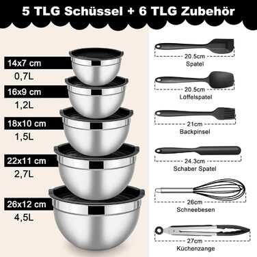 Чаша Herogo с крышкой, набор салатников из нержавеющей стали из 5 шт., размер 4,5 л / 2,7 л / 1,5 л / 1,2 л / 0,7 л, штабелируемая миска для смешивания и сервировки на кухне, включая принадлежности для выпечки, можно мыть в посудомоечной машине (черный)