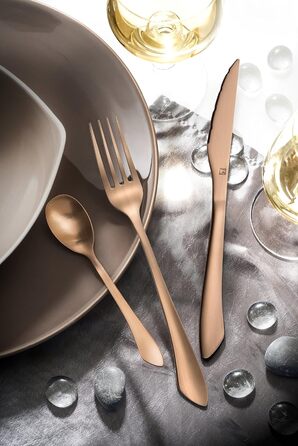 Набір столових приборів Amefa INSTINCT 4 персони Столові прибори PVD матові у вінтажному стилі Набір столових приборів 4 персони нержавіюча сталь 18/0 матова 4 шт. столова виделка, столовий ніж, столова ложка та чайна ложка (мідь, 16 шт. )
