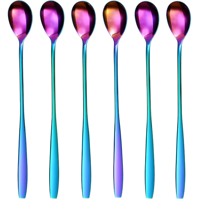 Набір ложок GRWE для лате макіато, золотистий, 6 предметів, 22 см, довгі ложки, ложки для коктейлів, десертні ложки, ложки для морозива, ложки для кави з льодом, нержавіюча сталь, можна мити в посудомийній машині (райдужний)