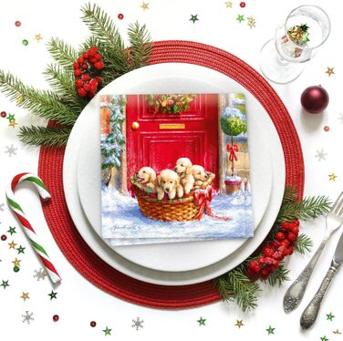 Серветки 3-шарові (33 x 33 см) I 20 шт. I Різнокольорові паперові серветки, ідеальні для різдвяного столу I Серветки - Різдво, зима, зірки, сніг, сніговики I (Різдвяні цуценята)