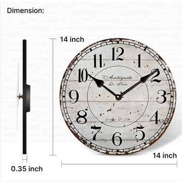 Настінний кухонний годинник YOAI, вінтажний, шеббі-шик, античний, ностальгічний, сільський, кварцовий годинник з МДФ з безшумним механізмом, 12 дюймів/30 см Ø (сірий)