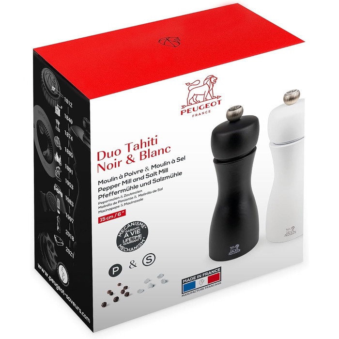 Мельница для перца Мельница для соли Таити 15 см Duo Перец Кристаллическая соль - Классическая регулировка помола - Изготовлен из древесины, сертифицированной PEFC - Французское ноу-хау - Черный и матовый белый Перец/Соль Белый/Черный Набор мельниц