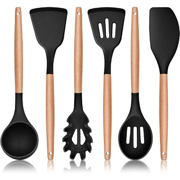 Набір кухонного посуду Herogo, набір силіконового кухонного посуду з 6 предметів, посуд для ложки з антипригарним шпателем з дерев'яною ручкою, термостійкі кухонні інструменти для посуду з антипригарним покриттям, легко чиститься чорний 6