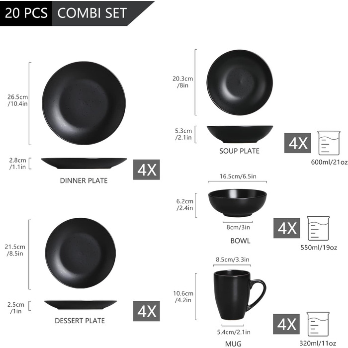 Столовий сервіз з керамограніту, набір посуду vancasso MODA, вінтажний вигляд, комбінований сервіз із 40 предметів з 8 обідніми тарілками, тарілками для тортів, суповими тарілками, мисками та чашками кожна (чорна, комбінована сервіровка 20 шт. )