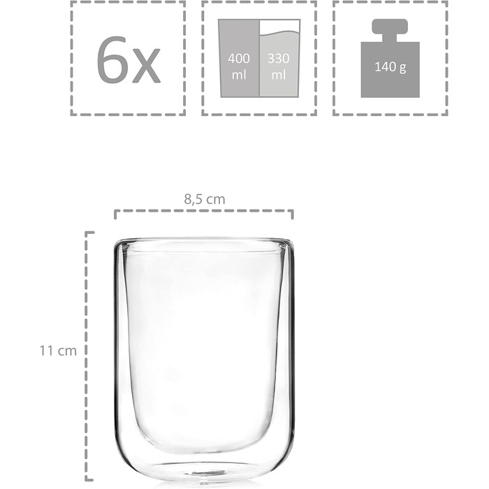 Співачка Келихи з подвійними стінками, набір келихів з 6 предметів, келихи для капучино з подвійними стінками, термосклянки для кави 330 мл без ручки