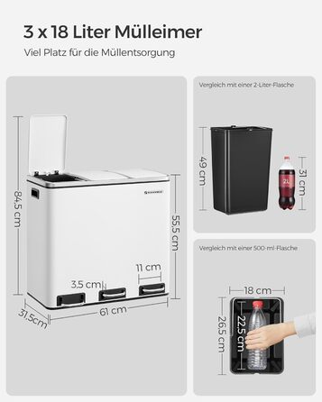 Кухонний контейнер для сміття SONGMICS, 3 x 18 л, система розділення сміття, 3 відділення, включаючи 15 мішків для сміття, відро для сміття, відро для сміття з педаллю, для вторинної переробки, органічні відходи, з кришкою, LTB54BK (білий хмара)