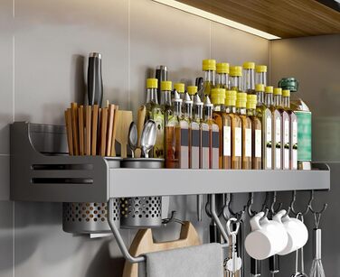 Підвісна підставка для спецій з металу, міцна кухонна полиця, настінна підставка для спецій, органайзер для спецій, кухонний органайзер, підставка для спецій з тримачем для рушників, Daojai, гачки та тримач для столових приборів, сіра, (70 см, сіро-сірий)