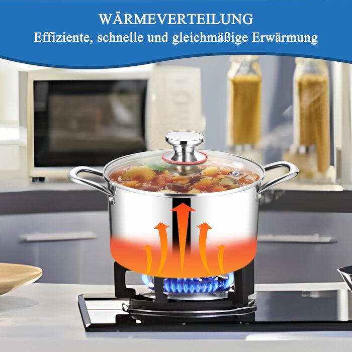 Каструля HaWare, індукційна каструля з 3-шарової нержавіючої сталі, каструлі об&39ємом 3,3 л, каструля для пасти зі скляною кришкою для всіх плит, каструля для супу, каструля для м&39яса, здорова та без покриття, придатна для миття в посудомийній машині (