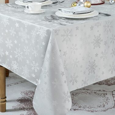 Велика різдвяна скатертина Romanstile, яку можна прати та вона водовідштовхувальна, жакардові зірки та сніжинки, квадратна скатертина XXL для зими, різдвяної прикраси, вечірки, Різдва (85 x 85 см, срібляста)
