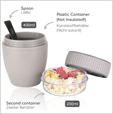 Стаканчик для пластівців Milu на винос 400 мл з назвою MsliMax для йогурту герметичний стаканчик з ложкою (сіро-коричневий, пластик)