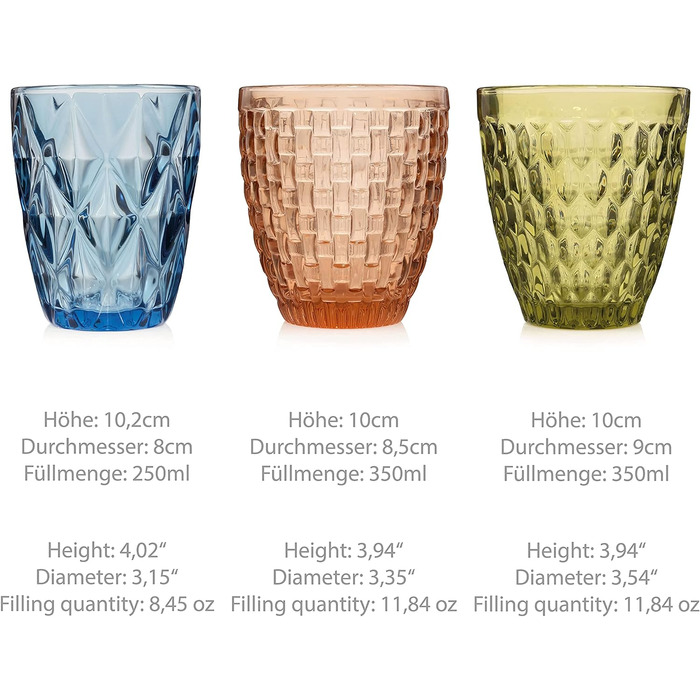 Набір склянок для пиття Singer Набір скляних склянок Porto з 6 предметів для 6 осіб, склянка для води, різнокольорова, унікальна нарізка, повсякденний, сімейна вечеря, офіс, набір склянок для соку на відкритому повітрі 310 мл поштові 6 шт.