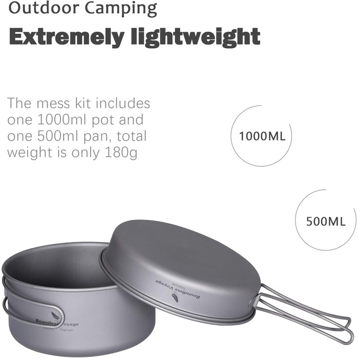 Безмежна подорож на відкритому повітрі 750 мл 800 мл 1100 мл 1300 мл Титанова каструля з кришкою Складна ручка для застави Кемпінг Піші прогулянки Пікнік Ультралегка портативна пляшка для води Чашка Кухоль Набір свиней (Ti15114A 1000500)