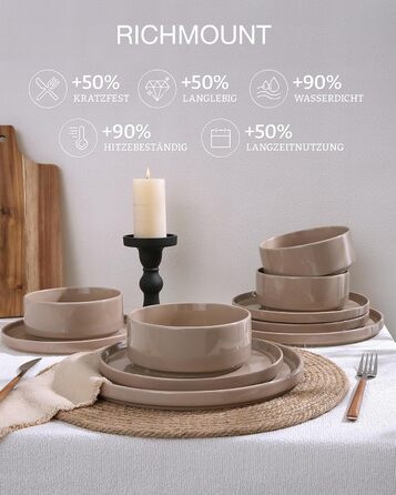 Набір посуду Richmount Nebula для 6 осіб, набір тарілок та мисок із 18 предметів, набір посуду з крапчастої кераміки, можна використовувати в мікрохвильовій печі та мийній машині, колір кориця-коричневий, сервіз Nebula для 6 осіб