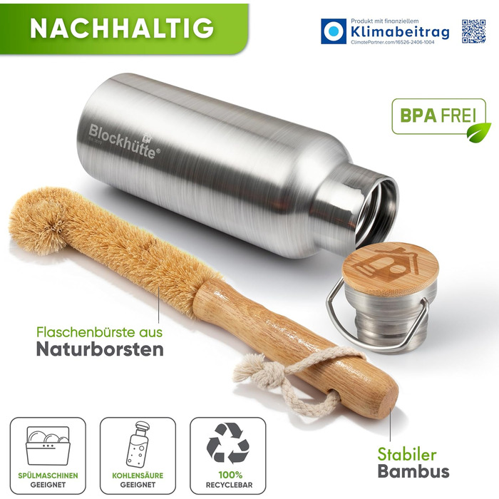 Ізольована пляшка для пиття преміум-класу з нержавіючої сталі 1л з натуральною щетиною Герметична ізольована пляшка Ізольована пляшка для університету, офісу, яку можна мити в посудомийній машині Без BPA (750 мл)