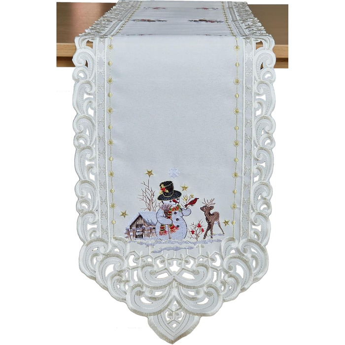 Різдвяна скатертина/доріжка HanaQi зі сніговиком та оленями, зимовий пейзаж з ажурною вишивкою, поліестер, колір екрю/крем - розмір на вибір (приблизно 38 x 108 см, овальна) (160 x 28 см (овальна))