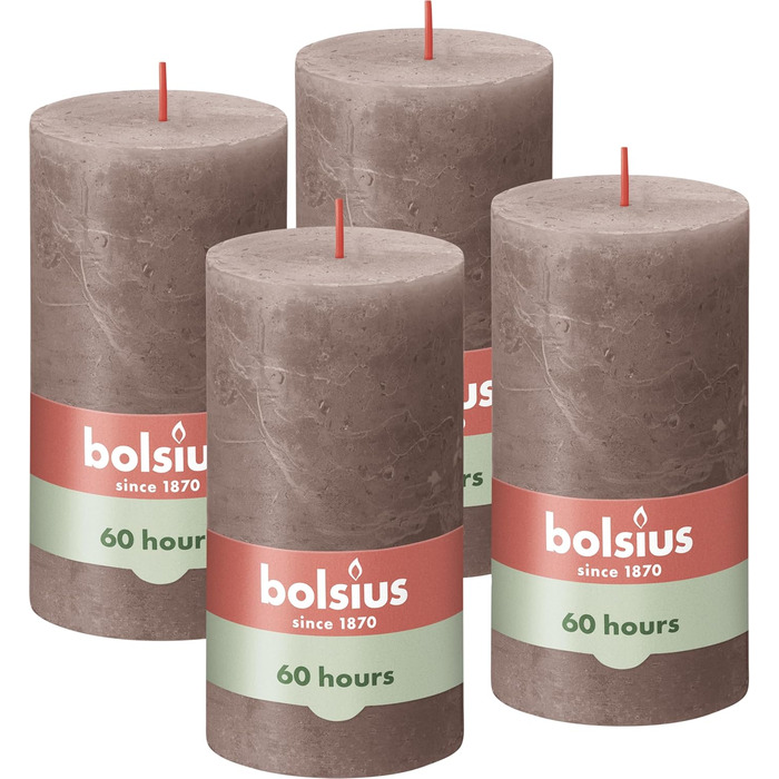Свічки Bolsius Rustic Pillar - Оливково-зелені - Набір з 4 шт. - Декоративні побутові свічки - Час горіння 60 годин - Без запаху - Натуральний рослинний віск - Без пальмової олії - Оливково-зелені (13 x 7 см, Коричневі)