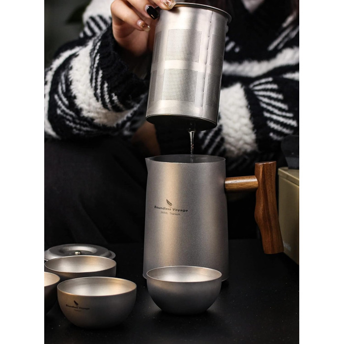 Мл Титановые чайники Чашки Набор с заварочным устройством для рассыпного чая Светлый чайник На открытом воздухе Кемпинг Дорожный чайник Чайный сервиз Пикник Пешие прогулки Сад Офис Домашняя чайная посуда для 4 человек Ti3117D (Ti3116D-380 мл Чайник титано