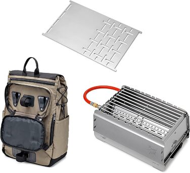 Мобільний газовий гриль Bruzz Willi BW1.1 50 мбар, велосипедний рюкзак з відділенням для охолодження, легке складання та розбирання, пальник 3,5 кВт, знімний піддон для жиру, в комплекті мультиінструмент (BW1.1 Bicycle Plancha Bundle)