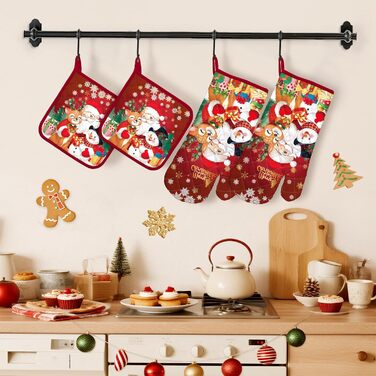 Набір з 2 різдвяних рукавичок для духовки та прихваток Arquiel, 100 бавовняні кулінарні рукавички, термостійкі кухонні рукавички для приготування їжі, різдвяні подарунки для жінок (Санта Клаус, рукавички для духовки*2 прихватки*2)