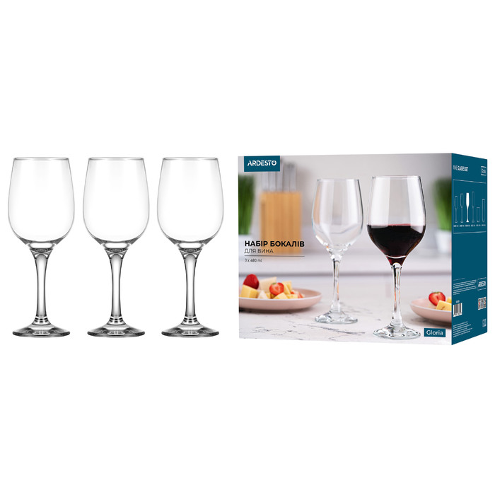ARDESTO Набір келихів для вина Gloria 480мл, 3шт, скло, прозорий