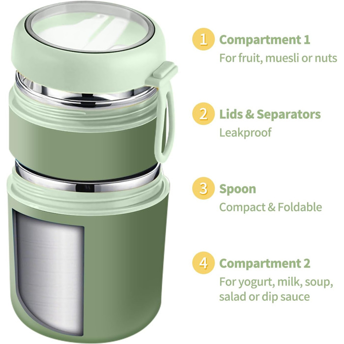 Стаканчик для пластівців 810 мл із складаною ложкою, зелений ETOPER