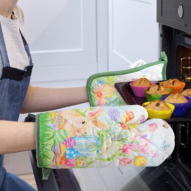 Різдвяний набір із 2 рукавичок для духовки та підставок для каструль Arquiel, 100 бавовняні кулінарні рукавички, термостійкі кухонні рукавички для приготування їжі, різдвяні подарунки на кухню для жінок (Великдень 01, рукавички для духовки підставки для к