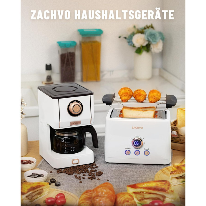 Тостер на 2 скибочки, тостер ZACHVO з підігрівом булочок, 6 рівнів підрум&39янювання, 850 Вт, знімний піддон для крихт, світлодіодний екран, високий підйом, розігрів, розморожування, функція скасування