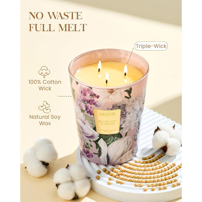 Ароматична свічка M&SENSE надзвичайно велика, час горіння 150 годин, натуральна ароматерапевтична свічка з 3 гнітами, сильний аромат, тривале горіння, подарункова свічка та прикраса для дому, подарунки для жінок (990 г, тубероза місячне сяйво)