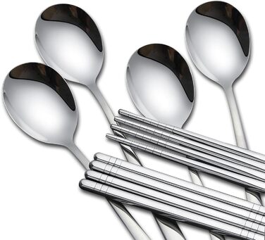 Металеві палички для їжі tiokin, 5 пар, 9,5 дюймів, преміум-класу, багаторазові палички для їжі з нержавіючої сталі 304, корейські квадратні, легкі, нековзні, можна мити в посудомийній машині (4 пари паличок для їжі та 4 ложки для супу)