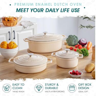 Чавунна сковорода Vancasso, чавунна каструля з кришкою, емальоване покриття об&39ємом 5 л, індукційна запіканка, каструля, чавунна сковорода для всіх типів плит, підходить для індукції, кругла, кремово-біла, 5 л біла (білий, 37 см)