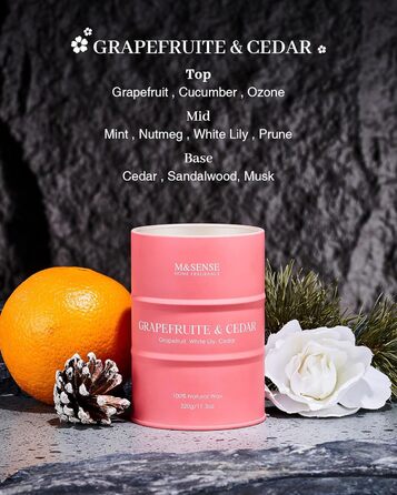 Ароматичні свічки M&SENSE з натурального соєвого воску, натуральна соєва свічка для домашнього декору, тривалий час горіння до 70 годин, класні подарунки-свічки для чоловіків та жінок (320 г, грейпфрутовий кедр)