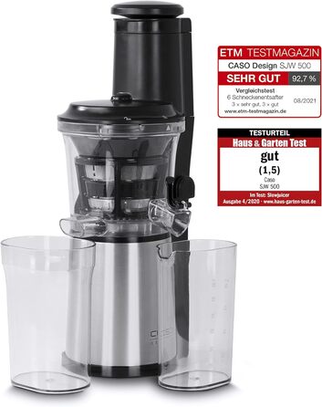 Дизайн повільної соковижималки, результат тесту 'Дуже добре', соковижималка для фруктів, овочів і зелені, великий завантажувальний отвір 75 мм Ø для цілих фруктів, з ситом для соку і сорбету, чорний, нержавіюча сталь, 500 -