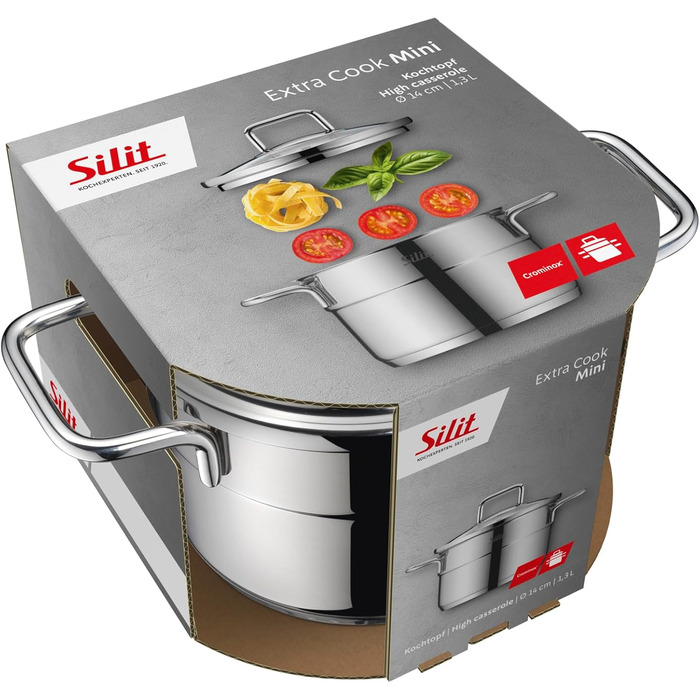 Набір посуду Silit Extra Cook каструлі 12/14 см зі скляною кришкою, внутрішньою мірною шкалою, широким обідком для зливу, нержавіюча сталь Crominox, для невеликих порцій, компактне зберігання, запобігає розтіканню (каструля для мяса, 14 см)