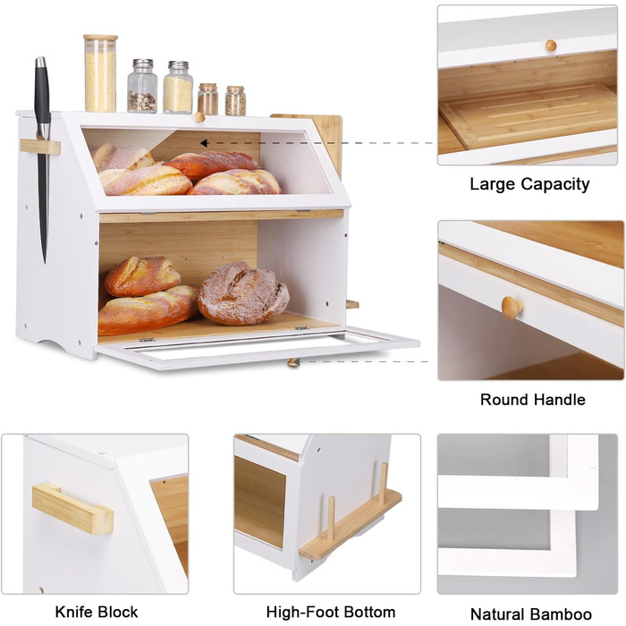 Хлібниця Leader Accessories з бамбука, 2-ярусна, для безпечного зберігання хліба, легкий догляд, 39x25x32 см, чорна (39x25x32 см/15,3&39x9,8&39x12,6&39) (біла (50x25x37 см/19,7&39x9,8&39x14,5&39))