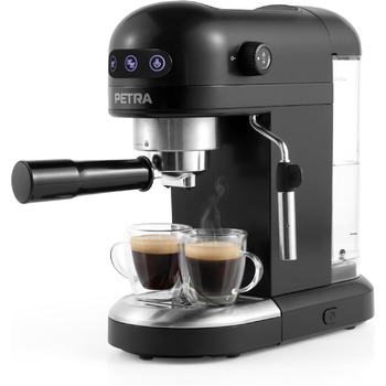 Ручна еспресо-машина Petra з піноутворювачем для молока - сумісна з меленою кавою, італійський насос тиском 15 бар, знімний резервуар для води 1,6 л, в комплекті мірна ложка та портафільтр, 850 Вт, еспресо-машина з нержавіючої сталі PT6137VDE з піноутворю