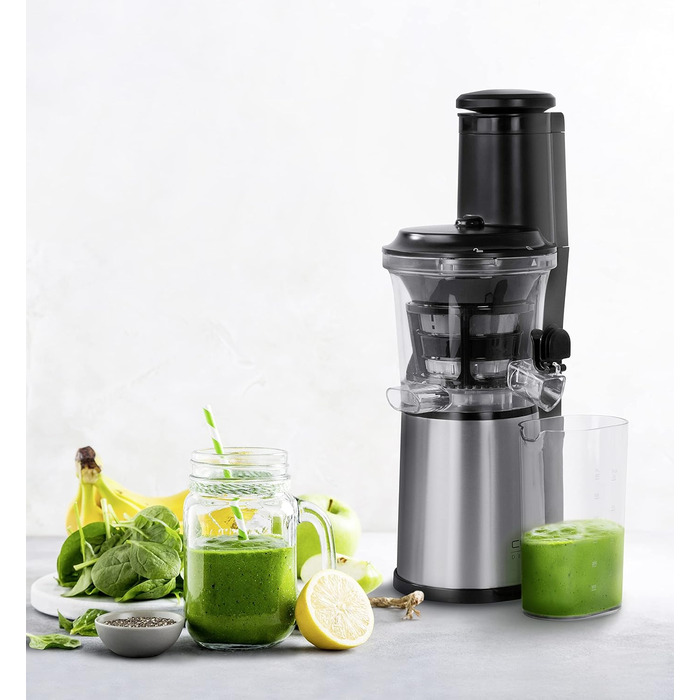 Дизайн повільної соковижималки, результат тесту 'Дуже добре', соковижималка для фруктів, овочів і зелені, великий завантажувальний отвір 75 мм Ø для цілих фруктів, з ситом для соку і сорбету, чорний, нержавіюча сталь, 500 -